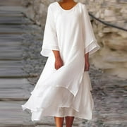 Munlar Women's Midi Dress Cotton Linen Loose White Long Casual Dress 3/4 Sleeve Sundress